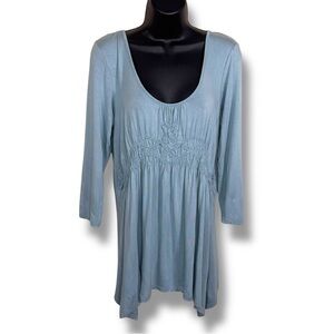 Large Kenar Blue Top 3/4 Sleeve Embroidered Accent Stretch Boho Bohemian